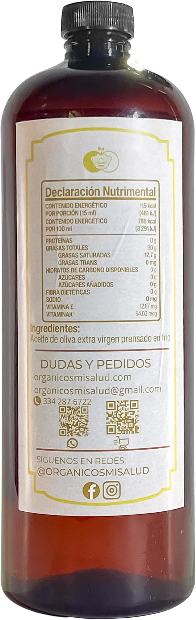 Aceite De Oliva Extra Virgen - Prensado en Frio - Orgánicos Mi Salud - 1 Litro